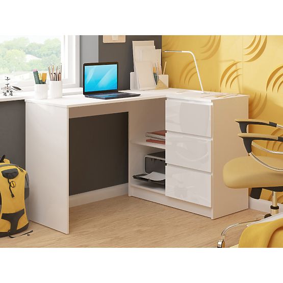 ROHOVÝ PÍSACÍ STÔL B16 124 cm PRAVÝ 3 ZÁSUVKY PK BIELY / BIELY LESK