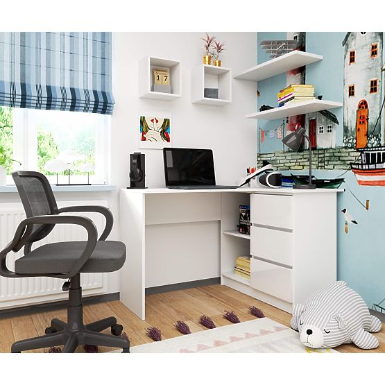 ROHOVÝ PÍSACÍ STÔL B16 124 cm PRAVÝ 3 ZÁSUVKY PK BIELY / BIELY LESK