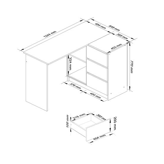 ROHOVÝ PÍSACÍ STÔL B16 124 cm PRAVÝ 3 ZÁSUVKY PK BIELY / ČIERNY LESK