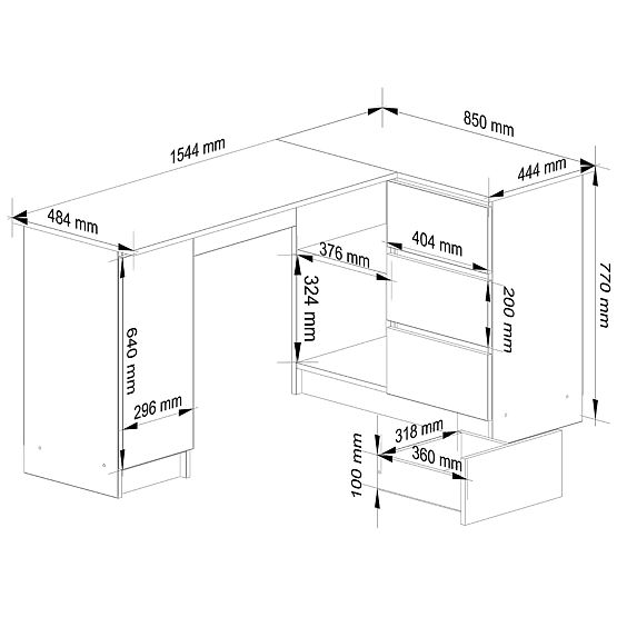 Rohový stôl B20 155 cm pravý - PK dub artisan-biely - 3 zásuvky