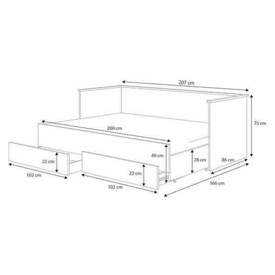 Rozkladacia posteľ HELIOS s dvoma zásuvkami bez matraca 200x80/200x160