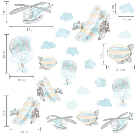Sada samolepiek na stenu - Lietadlá a balóny 22 ks