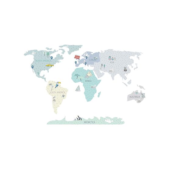 Samolepka na stenu Mapa sveta - mint