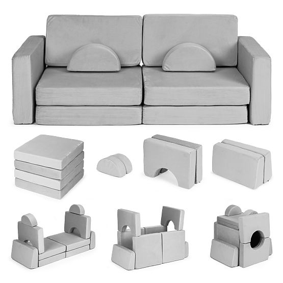 Skladacia modulárna pohovka pre deti veľká 2-miestna DIY 10 mäkkých vankúšov - sivá ECOTOYS