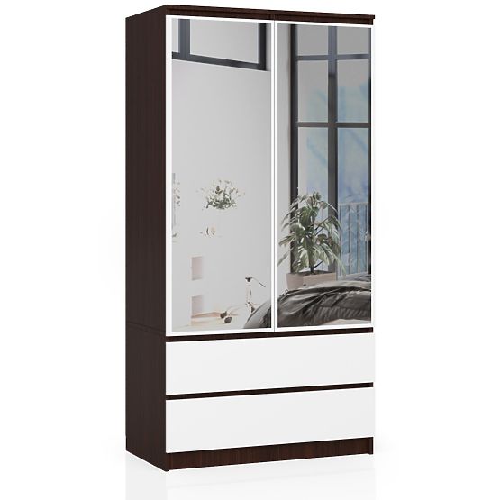 SKRIŇA S 90 cm 2 DVERE 2 ZÁSUVKY 2 ZRKADLÁ PK WENGE / BIELA