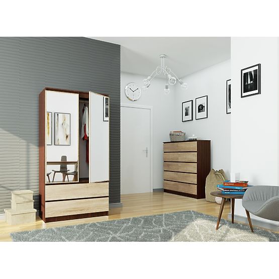 SKRIŇA S 90 cm 2 DVERE 2 ZÁSUVKY 2 ZRKADLÁ PK WENGE / SONOMA