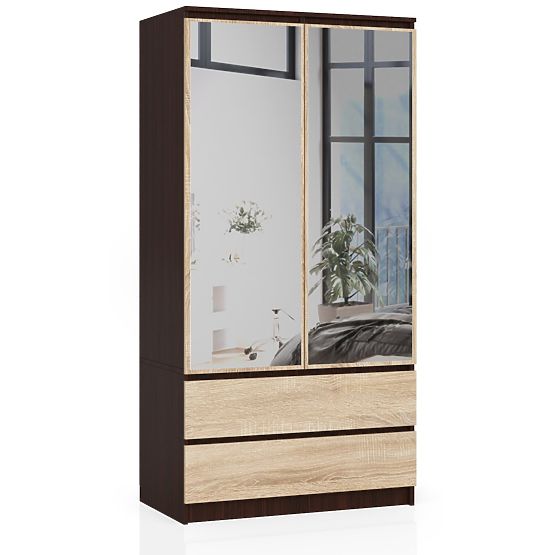 SKRIŇA S 90 cm 2 DVERE 2 ZÁSUVKY 2 ZRKADLÁ PK WENGE / SONOMA