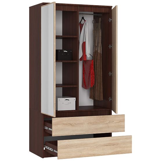 SKRIŇA S 90 cm 2 DVERE 2 ZÁSUVKY 2 ZRKADLÁ PK WENGE / SONOMA