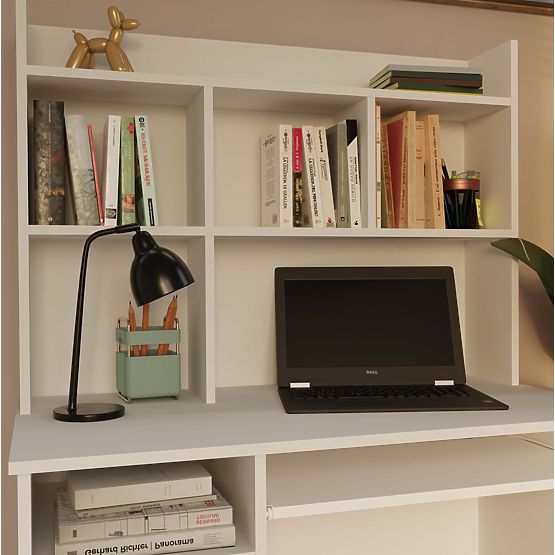 Stôl PORTO Ľavý s Nadstavcom Biely Mat Zásuvka Poličky do Kancelárie Izby