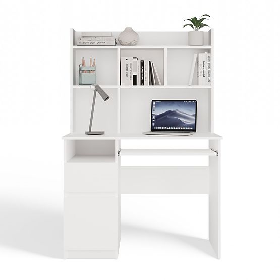 Stôl PORTO Ľavý s Nadstavcom Biely Mat Zásuvka Poličky do Kancelárie Izby