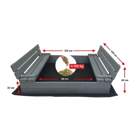 Uzavierateľné pieskovisko s lavičkami 120x120 cm - sivé