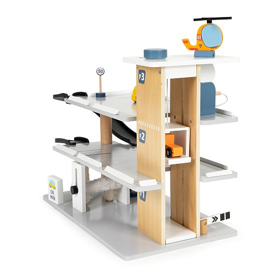 Veľká drevená garáž s výťahom + autíčka, helikoptéra, umývačka ECOTOYS