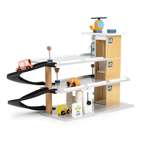Veľká drevená garáž s výťahom + autíčka, helikoptéra, umývačka ECOTOYS
