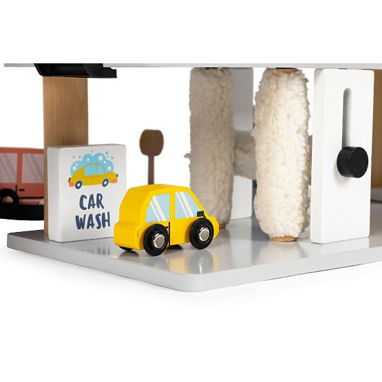 Veľká drevená garáž s výťahom + autíčka, helikoptéra, umývačka ECOTOYS