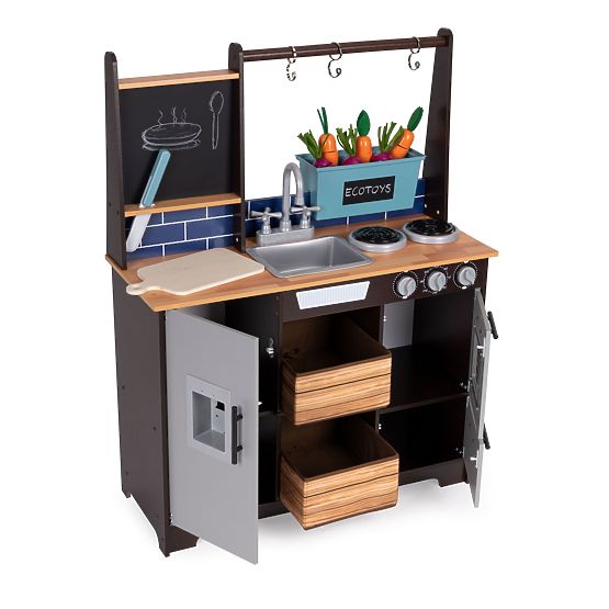 Veľká drevená kuchynka pre deti so zeleninovým stánkom a príslušenstvom ECOTOYS