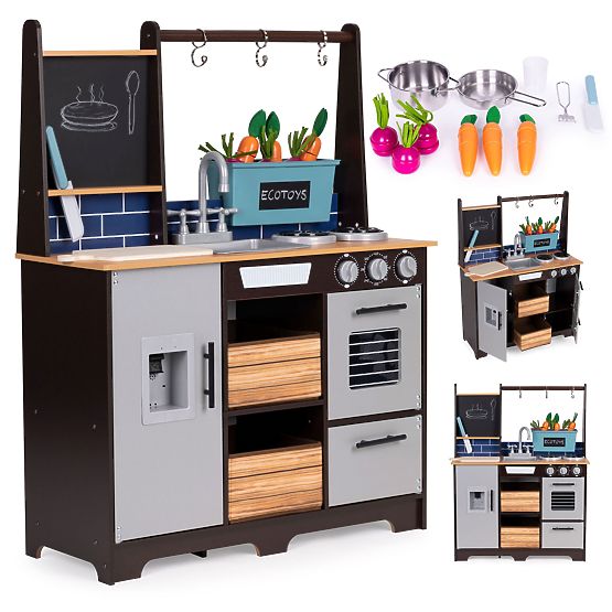 Veľká drevená kuchynka pre deti so zeleninovým stánkom a príslušenstvom ECOTOYS