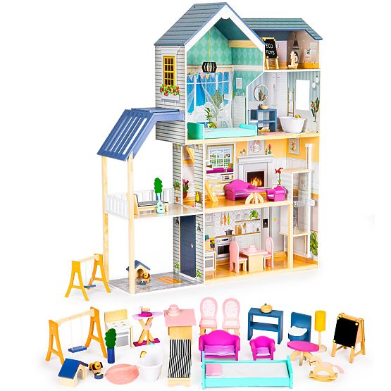 Veľký drevený domček pre bábiky 138 cm Rezidencia Maya 28 ks ECOTOYS