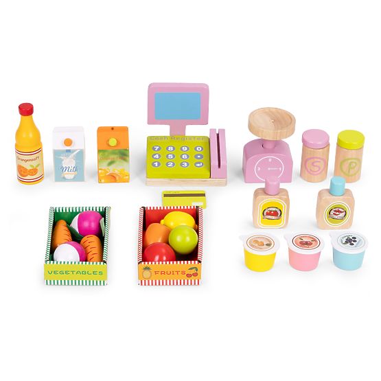 Veľký drevený stánok pre deti obchod s terminálom a váhou ovocie zelenina 20 prvkov ECOTOYS