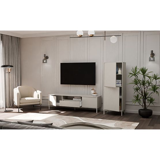 Vitrína KAMARO 2DK SLIM/HLADKÝ KAŠMÍR Lamelový Ryhovaný + Klasický Čelný Panel