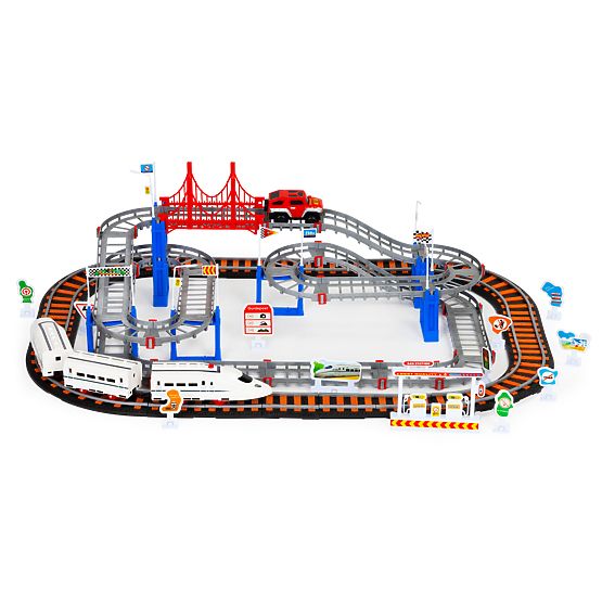 Vláčik a auto na batérie dve dráhy mesto 108 prvkov
