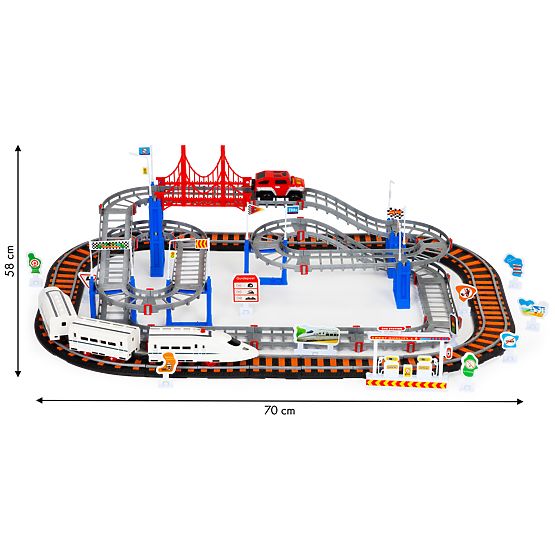 Vláčik a auto na batérie dve dráhy mesto 108 prvkov