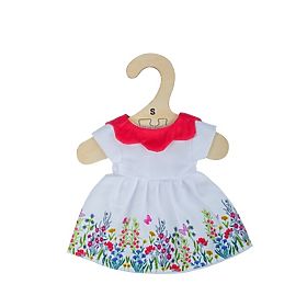 Bigjigs Toys Bielé kvetinové šaty s červeným golierom pre bábiku 25 cm