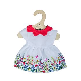 Bigjigs Toys Biele kvetinové šaty s červeným golierom pre bábiku 34 cm