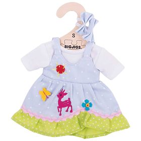 Bigjigs Toys Modré bodkované šaty s jeleňom pre bábiku 28 cm, Bigjigs Toys