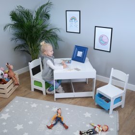 Ourbaby detský stôl so stoličkami s modrým a zeleným boxom