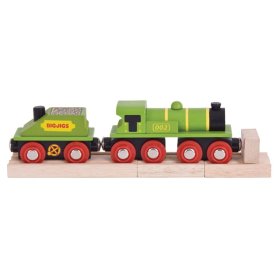 Bigjigs Rail Zelená lokomotíva s tendrem + 3 koľaje, Bigjigs Rail