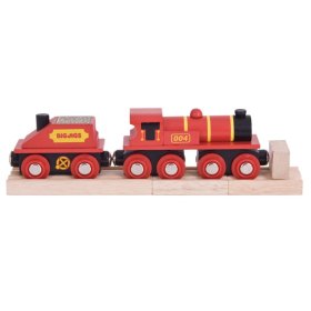 Bigjigs Rail Červená lokomotíva s tendrem + 3 koľaje, Bigjigs Rail