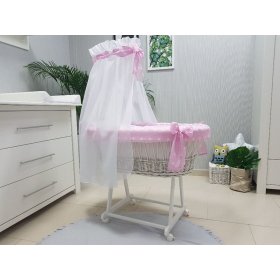 Prútená postieľka s výbavou pre bábätko - ružové hviezdy, BabyWorld