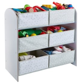 Organizér na hračky so šedými a bielymi boxami