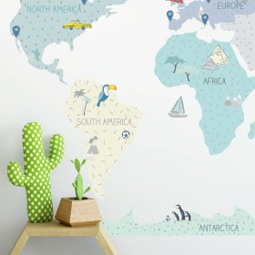 Samolepka na stenu Mapa sveta - mint