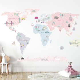 Samolepka na stenu Mapa sveta - ružová