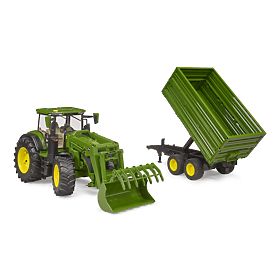 Bruder Traktor John Deere 7R 350 s čelným nakladačom a tandemovým prepravným prívesom, Bruder