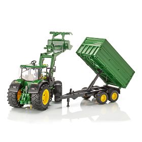 Bruder Traktor John Deere 7R 350 s čelným nakladačom a tandemovým prepravným prívesom, Bruder