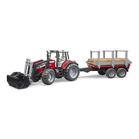 Bruder Traktor Massey Ferguson 7480 s čelným nakladačom a prepravníkom klád, Bruder