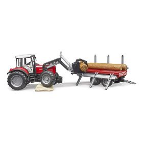 Bruder Traktor Massey Ferguson 7480 s čelným nakladačom a prepravníkom klád, Bruder