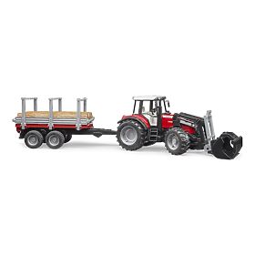 Bruder Traktor Massey Ferguson 7480 s čelným nakladačom a prepravníkom klád, Bruder