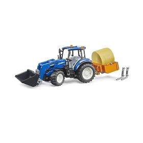 Bruder Traktor New Holland T5.120 s čelným nakladačom, korbou, vidlami a okrúhlym balíkom, Bruder