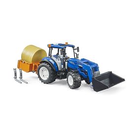 Bruder Traktor New Holland T5.120 s čelným nakladačom, korbou, vidlami a okrúhlym balíkom, Bruder
