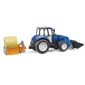 Bruder Traktor New Holland T5.120 s čelným nakladačom, korbou, vidlami a okrúhlym balíkom