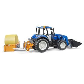 Bruder Traktor New Holland T5.120 s čelným nakladačom, korbou, vidlami a okrúhlym balíkom, Bruder