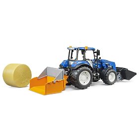 Bruder Traktor New Holland T5.120 s čelným nakladačom, korbou, vidlami a okrúhlym balíkom, Bruder