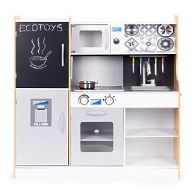 Detská kuchynka so zvukom a LED tabuľou kriedová kovové doplnky MDF +3 roky ECOTOYS