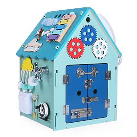 Drevený activity board domček - modrý, 2Kids Toys