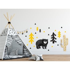 Dekorácia na stenu - medveď v lese - žlto-čierna