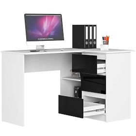 ROHOVÝ PÍSACÍ STÔL B16 124 cm PRAVÝ 3 ZÁSUVKY PK BIELY / ČIERNY LESK