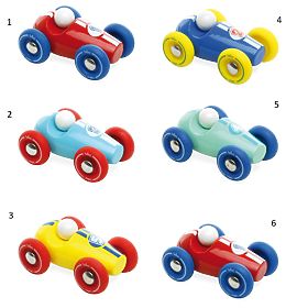Vilac Drevené závodné mini auto 1 ks číslo tyrkysové s modrými kolesami, Vilac